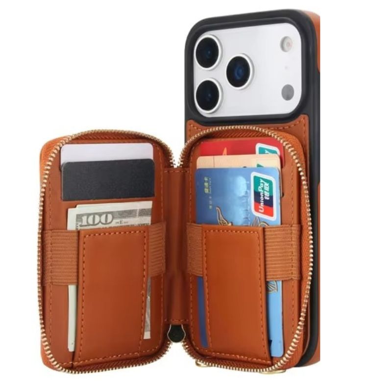 Luxury iPhone Case — Crossbody RFID-Blocking Folio Wallet with Zipper Handbag, Kickstand, Card Slots, Wrist Strap and Lanyard