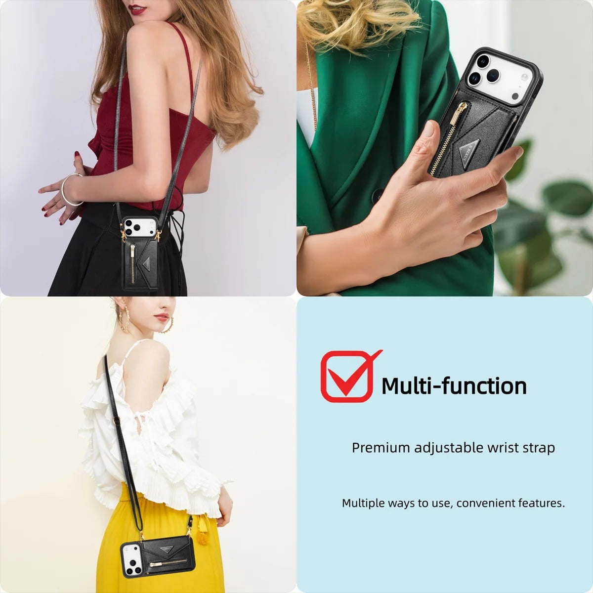 Luxury iPhone Case — Crossbody Wallet with Card Holder and Lanyard Strap, Shockproof Leather Cover, Anti-Fingerprint Full Access Design