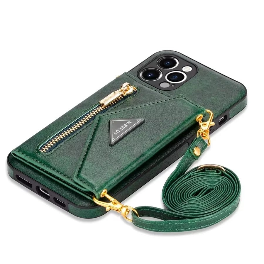 Luxury iPhone Case — Crossbody Wallet with Card Holder and Lanyard Strap, Shockproof Leather Cover, Anti-Fingerprint Full Access Design