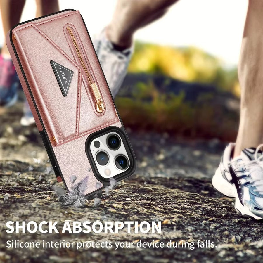 Luxury iPhone Case — Crossbody Wallet with Card Holder and Lanyard Strap, Shockproof Leather Cover, Anti-Fingerprint Full Access Design