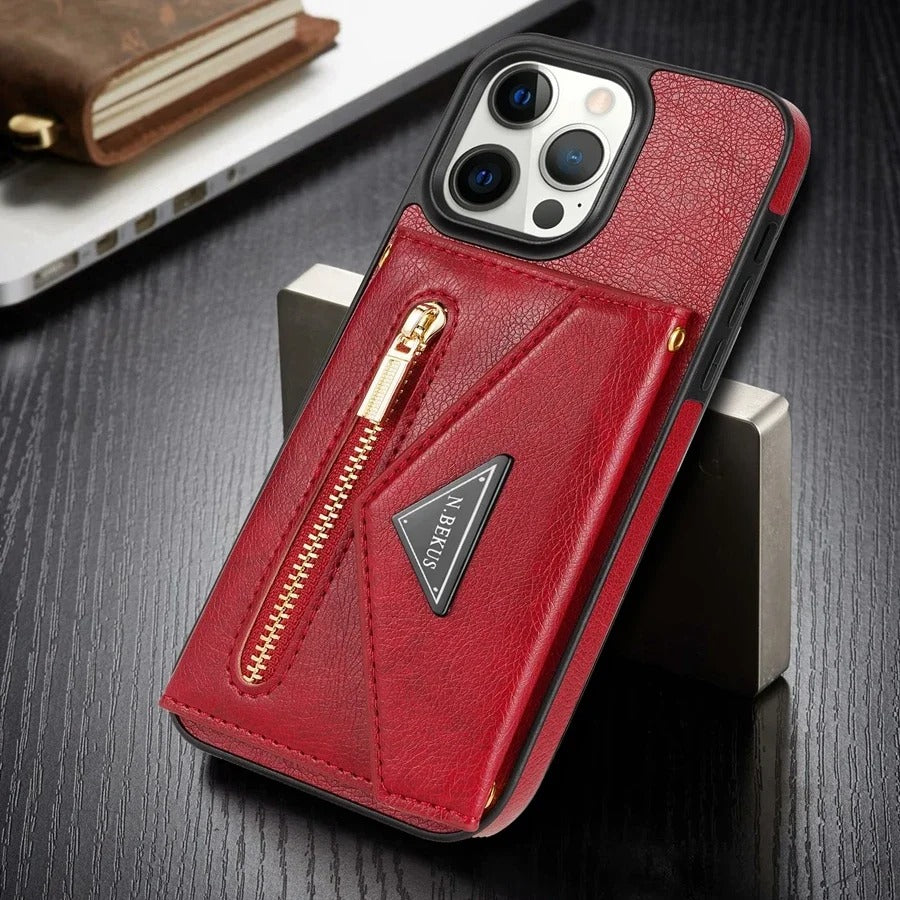Luxury iPhone Case — Crossbody Wallet with Card Holder and Lanyard Strap, Shockproof Leather Cover, Anti-Fingerprint Full Access Design