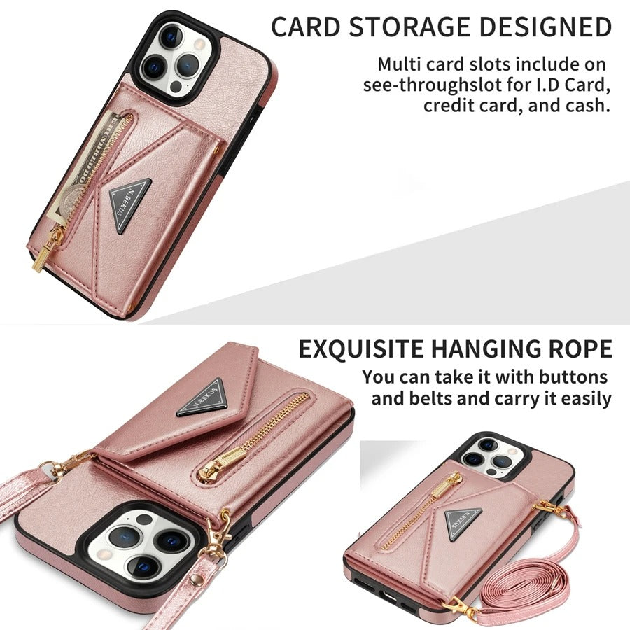 Luxury iPhone Case — Crossbody Wallet with Card Holder and Lanyard Strap, Shockproof Leather Cover, Anti-Fingerprint Full Access Design