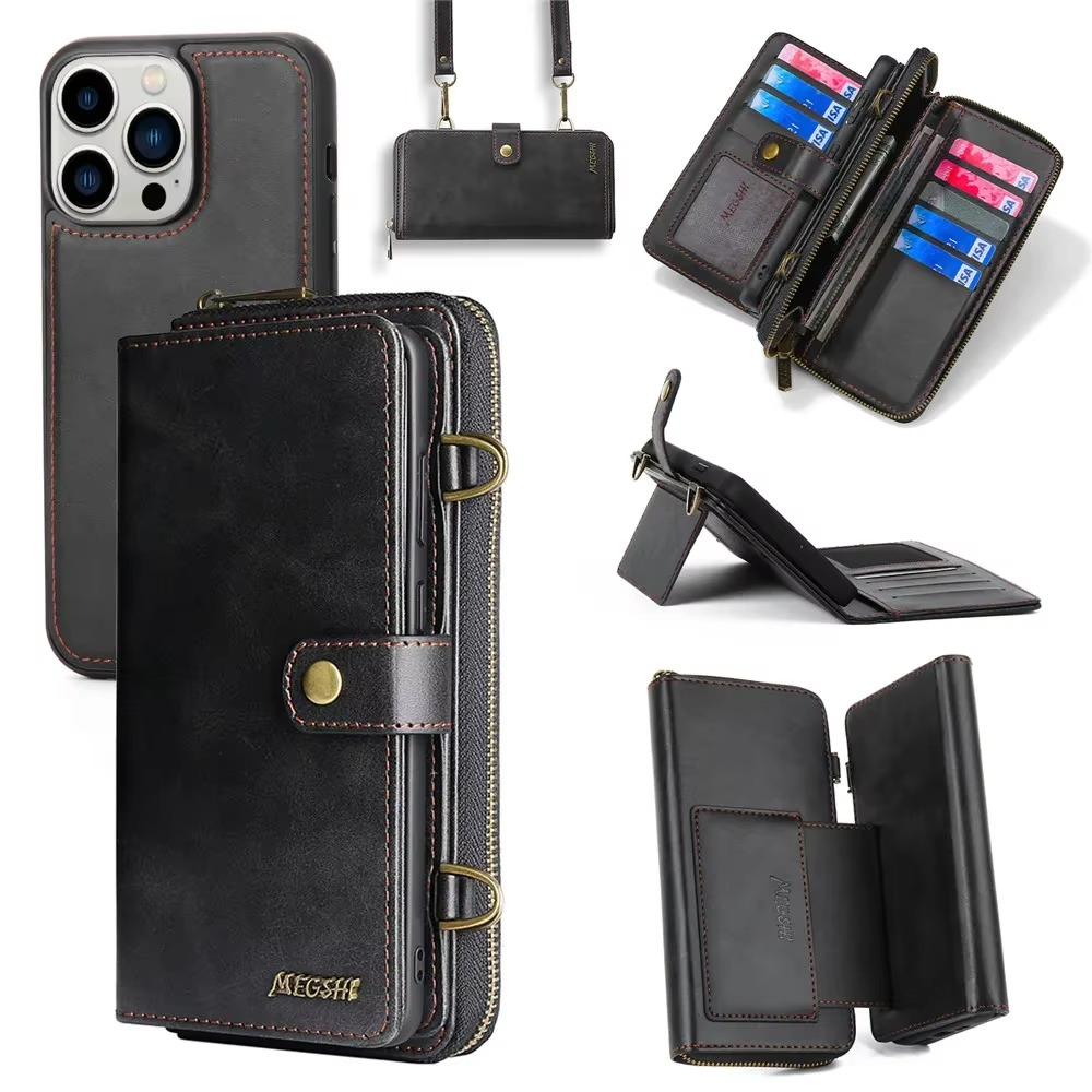 Luxury iPhone Case — Crossbody Zipper Wallet Cover with Lanyard, Magnetic Card Slot, Kickstand, Matte Anti-Glare Finish and Shockproof Leather Design