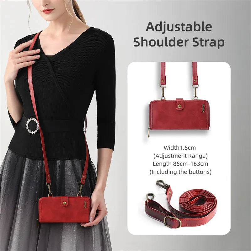 Luxury iPhone Case — Crossbody Zipper Wallet Cover with Lanyard, Magnetic Card Slot, Kickstand, Matte Anti-Glare Finish and Shockproof Leather Design