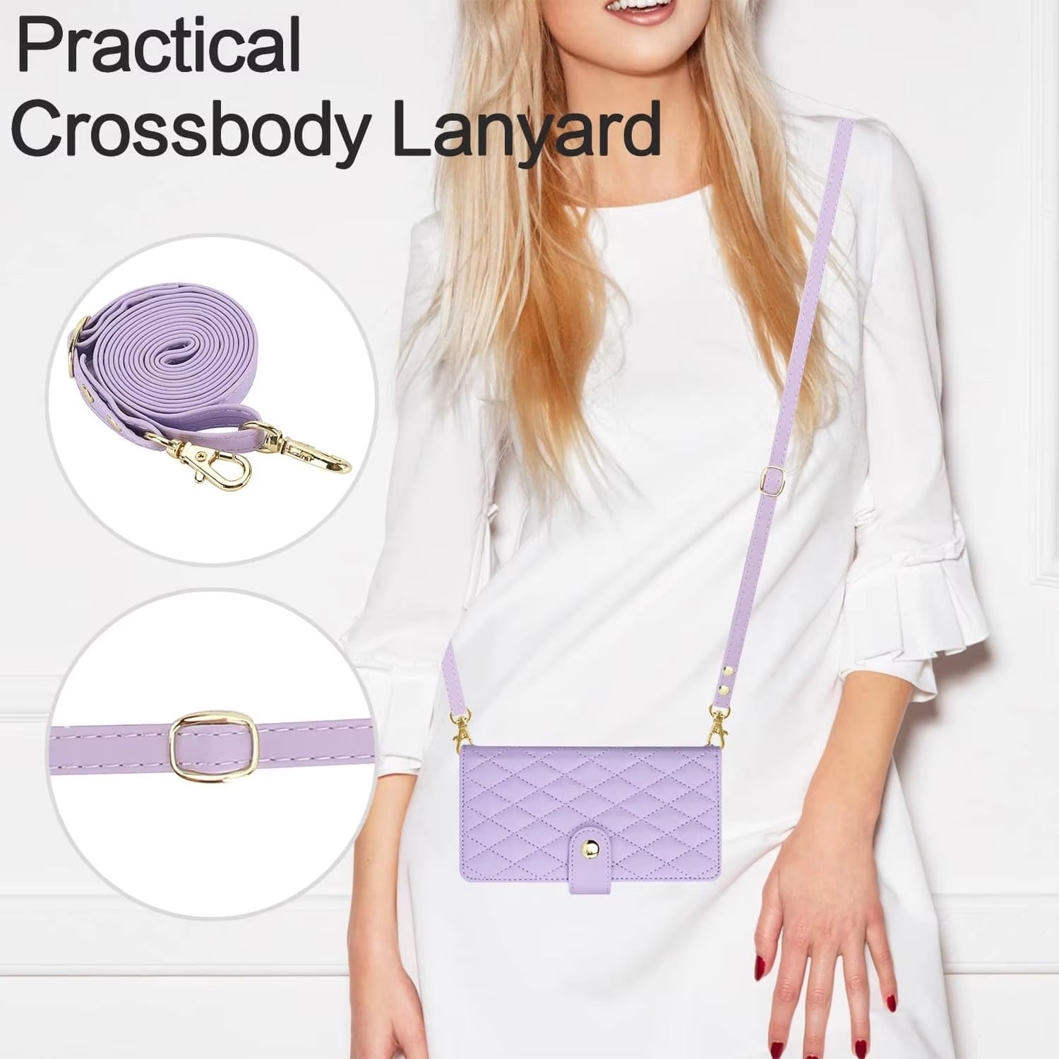 Luxury iPhone Case — Crossbody Zipper Wallet Flip Folio Cover with Card Holder, Kickstand, Anti-Fingerprint Shockproof PU Leather Protection