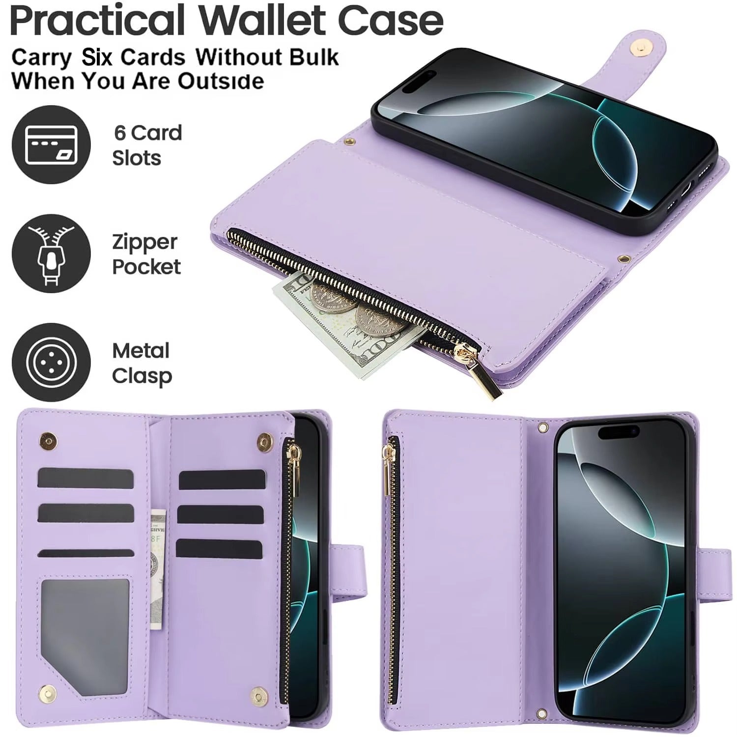 Luxury iPhone Case — Crossbody Zipper Wallet Flip Folio Cover with Card Holder, Kickstand, Anti-Fingerprint Shockproof PU Leather Protection