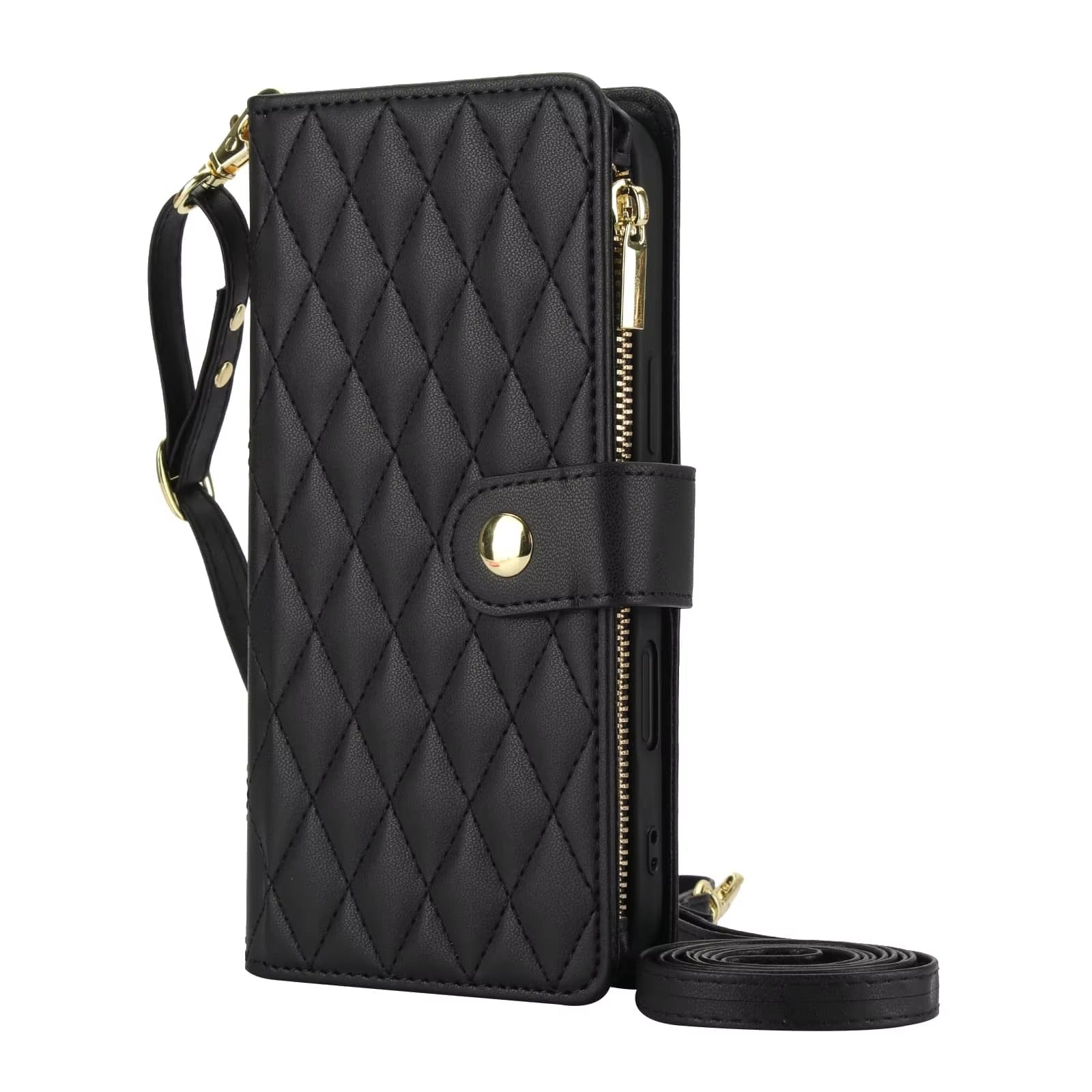 Luxury iPhone Case — Crossbody Zipper Wallet Flip Folio Cover with Card Holder, Kickstand, Anti-Fingerprint Shockproof PU Leather Protection