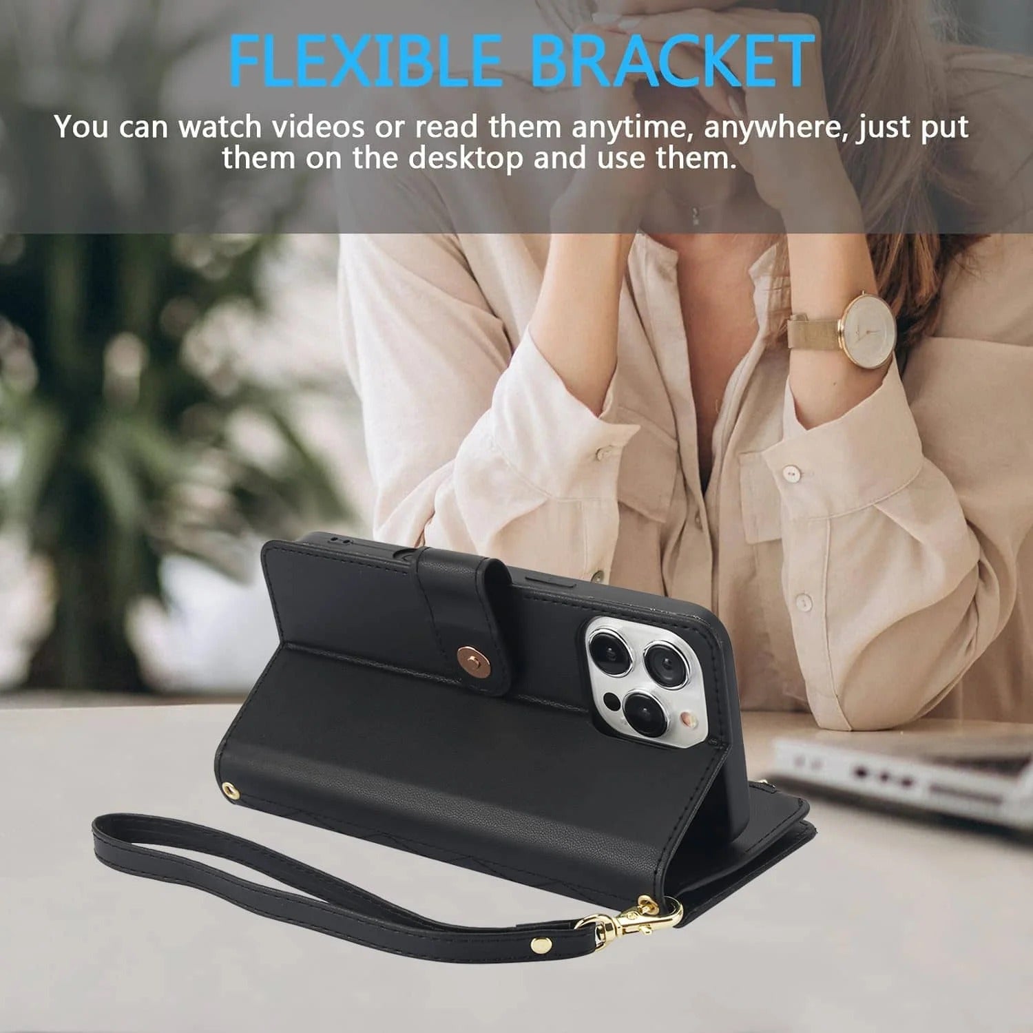 Luxury iPhone Case — Crossbody Zipper Wallet Flip Folio Cover with Card Holder, Kickstand, Anti-Fingerprint Shockproof PU Leather Protection