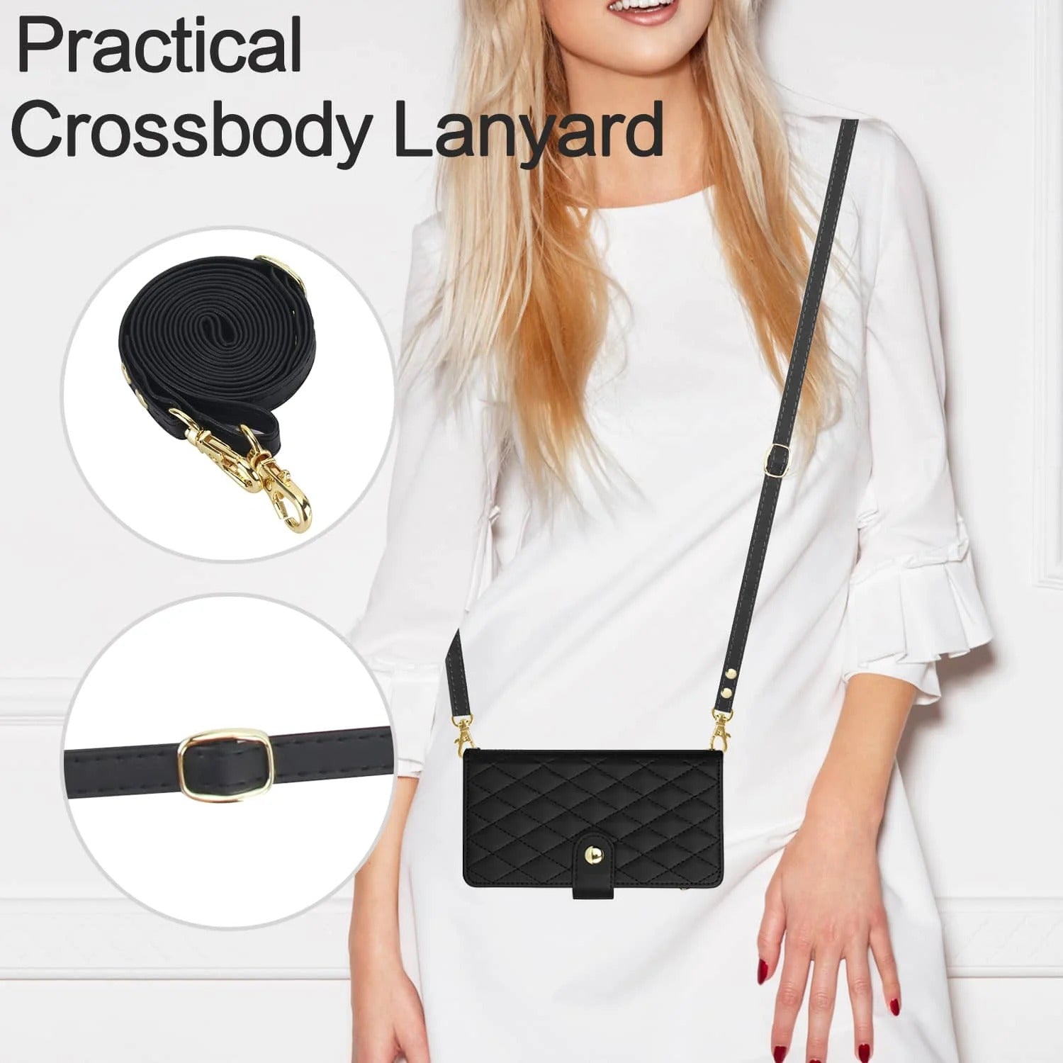 Luxury iPhone Case — Crossbody Zipper Wallet Flip Folio Cover with Card Holder, Kickstand, Anti-Fingerprint Shockproof PU Leather Protection