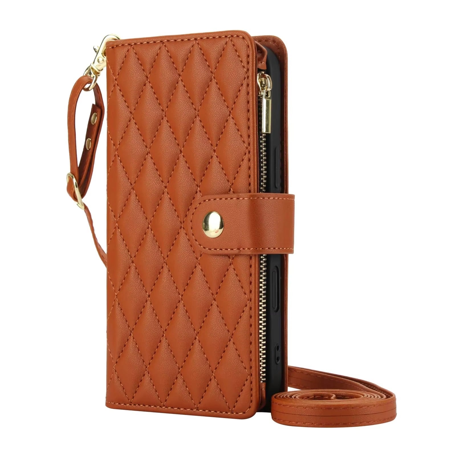 Luxury iPhone Case — Crossbody Zipper Wallet Flip Folio Cover with Card Holder, Kickstand, Anti-Fingerprint Shockproof PU Leather Protection