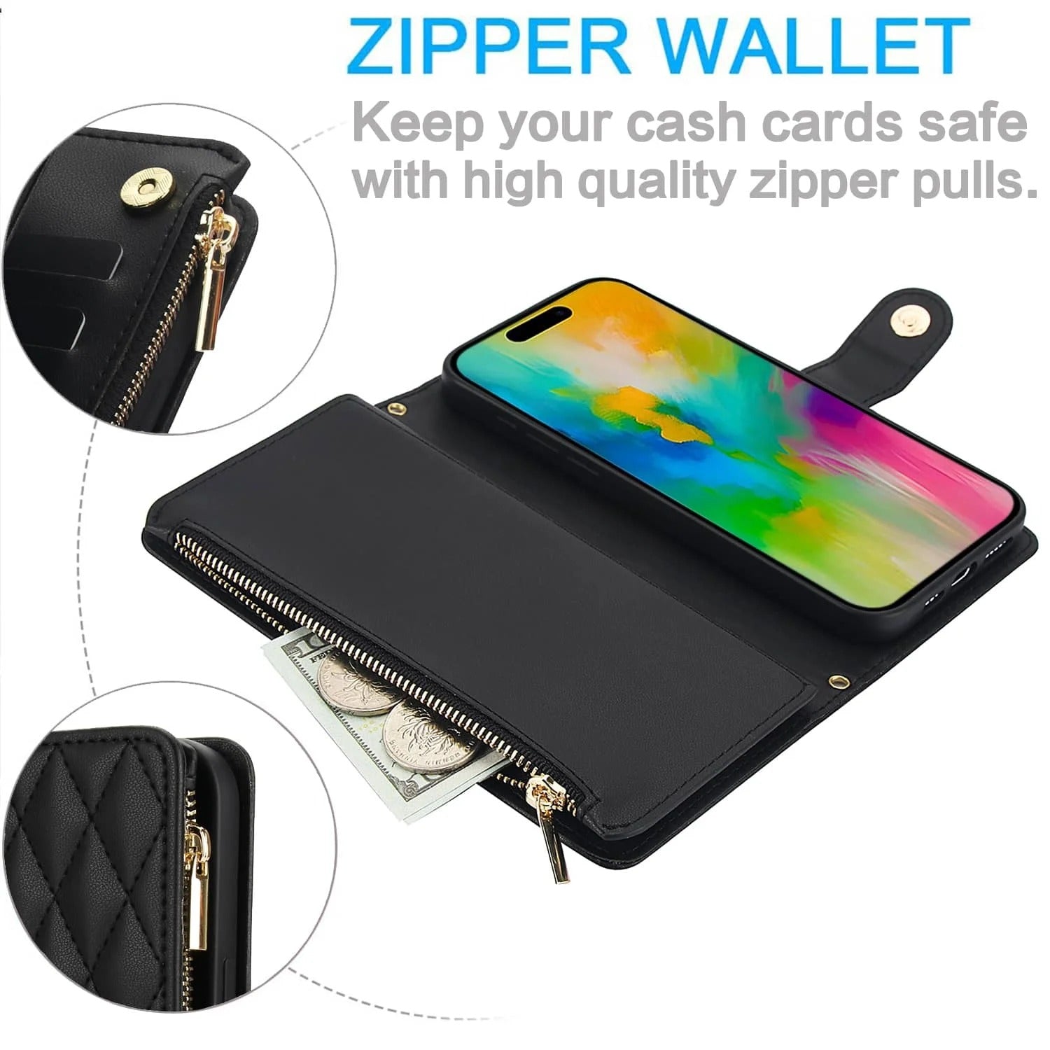 Luxury iPhone Case — Crossbody Zipper Wallet Flip Folio Cover with Card Holder, Kickstand, Anti-Fingerprint Shockproof PU Leather Protection