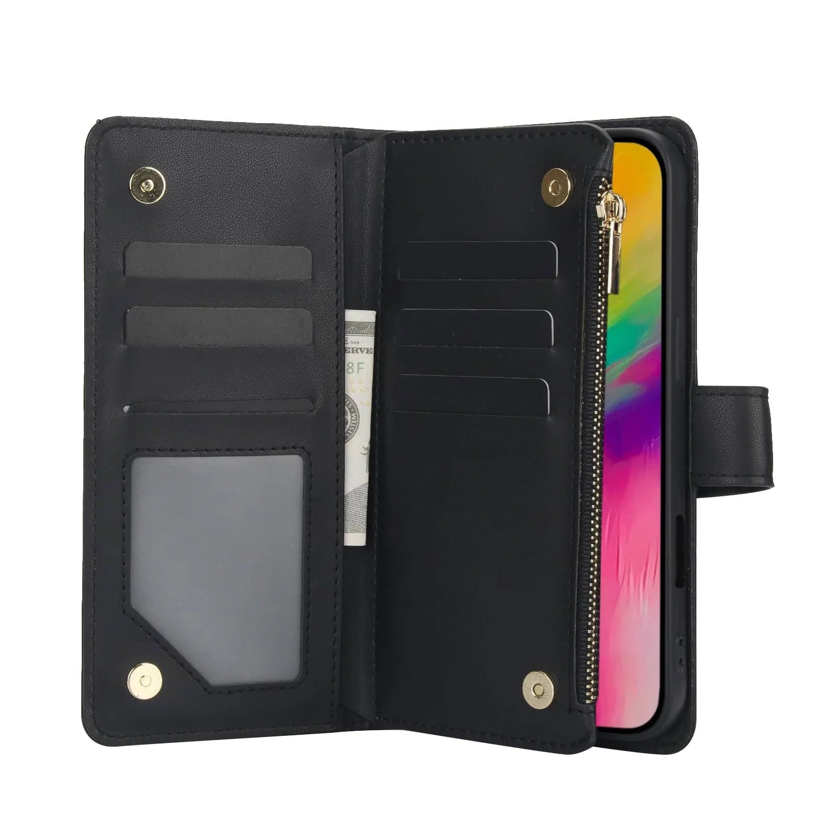 Luxury iPhone Case — Crossbody Zipper Wallet Flip Folio Cover with Card Holder, Kickstand, Anti-Fingerprint Shockproof PU Leather Protection