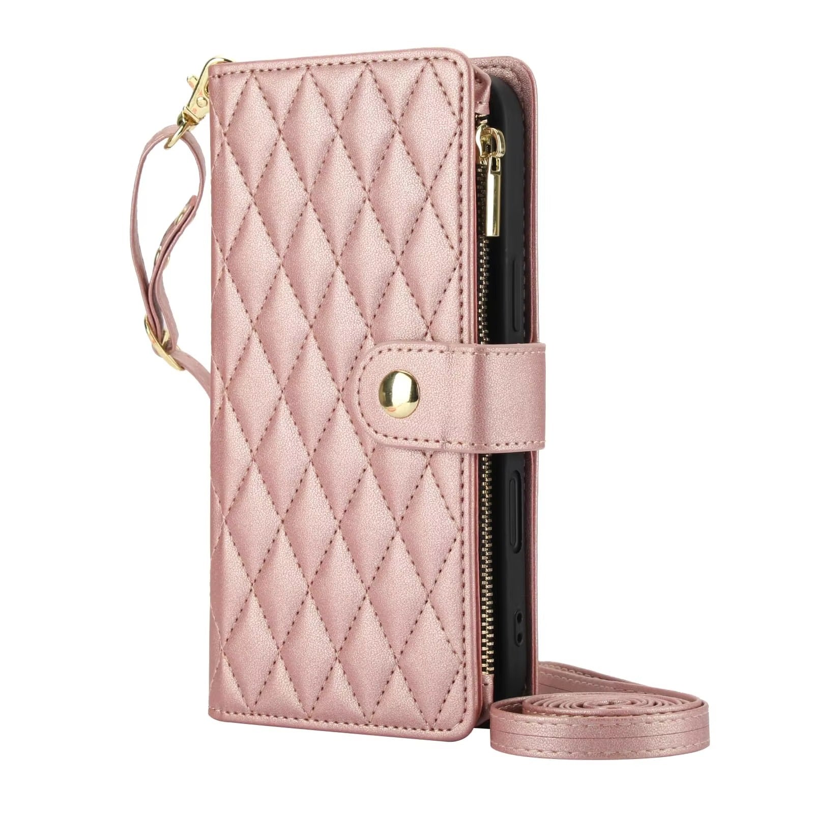 Luxury iPhone Case — Crossbody Zipper Wallet Flip Folio Cover with Card Holder, Kickstand, Anti-Fingerprint Shockproof PU Leather Protection