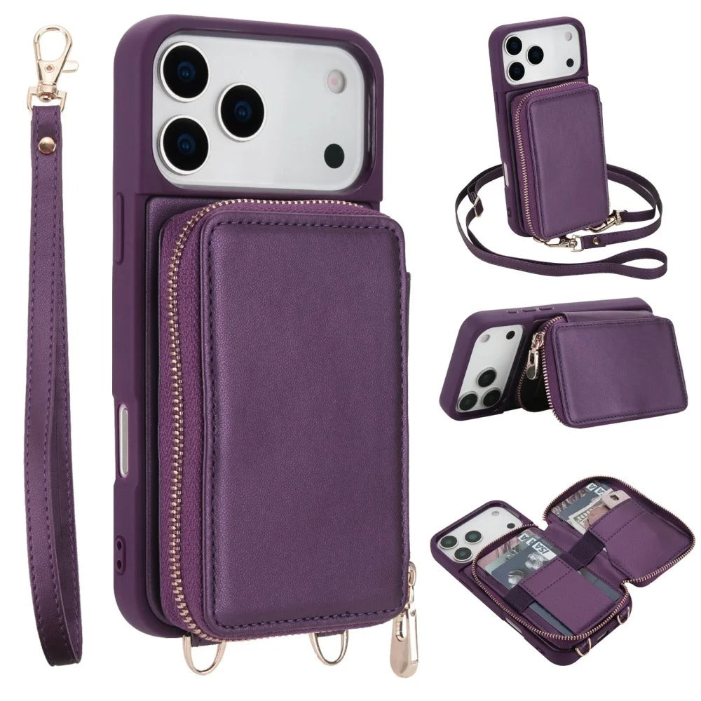 Luxury iPhone Case — Crossbody Zipper Wallet Flip Leather Cover with Card Slot, RFID Pocket and Secure Shoulder Strap Design