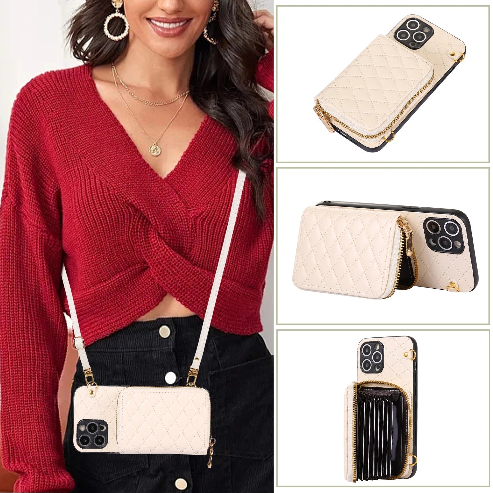 Luxury iPhone Case — Crossbody Zipper Wallet Leather Cover with Card Storage, Lanyard Strap, Anti-Fingerprint Anti-Scratch Protection & Durable Hard-Back Design