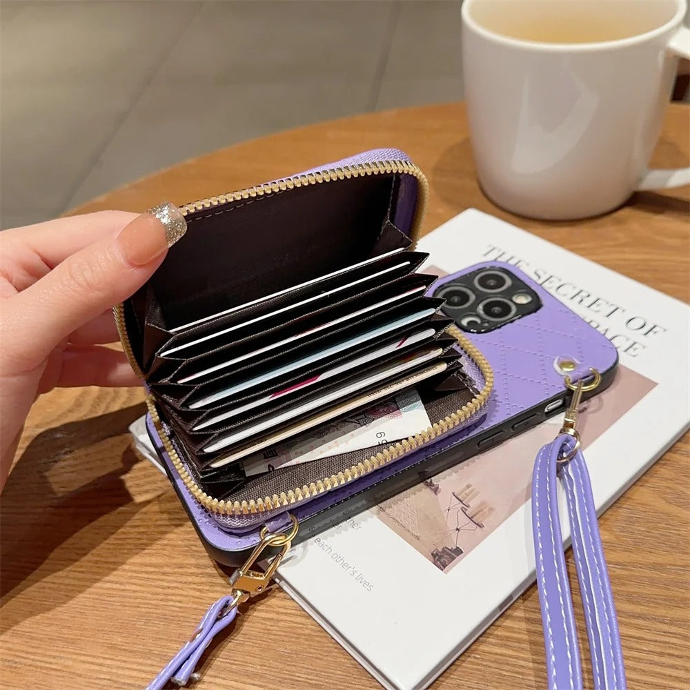 Luxury iPhone Case — Crossbody Zipper Wallet Leather Cover with Card Storage, Lanyard Strap, Anti-Fingerprint Anti-Scratch Protection & Durable Hard-Back Design