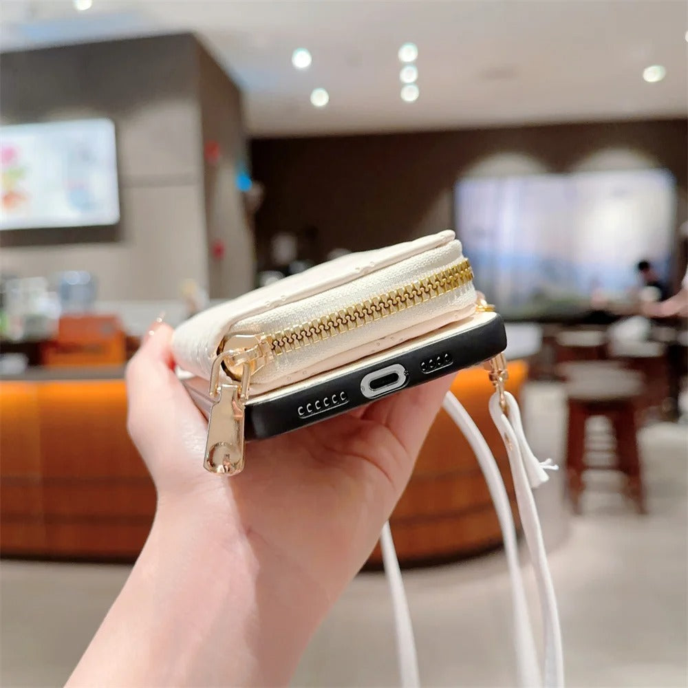 Luxury iPhone Case — Crossbody Zipper Wallet Leather Cover with Card Storage, Lanyard Strap, Anti-Fingerprint Anti-Scratch Protection & Durable Hard-Back Design