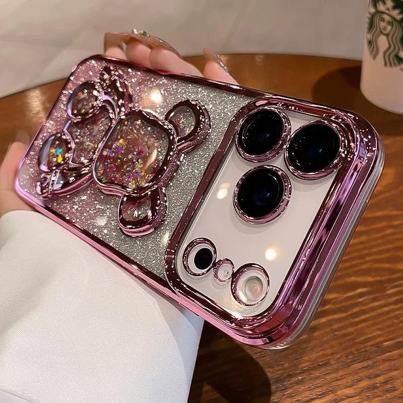 Luxury iPhone Case — Cute Glitter Quicksand Bear Cover with Plating Camera Protector, Shockproof Water-Resistant Acrylic Design & Dustproof Cartoon Style
