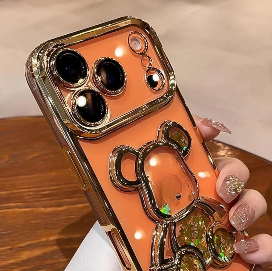 Luxury iPhone Case — Cute Glitter Quicksand Bear Cover with Plating Camera Protector, Shockproof Water-Resistant Acrylic Design & Dustproof Cartoon Style