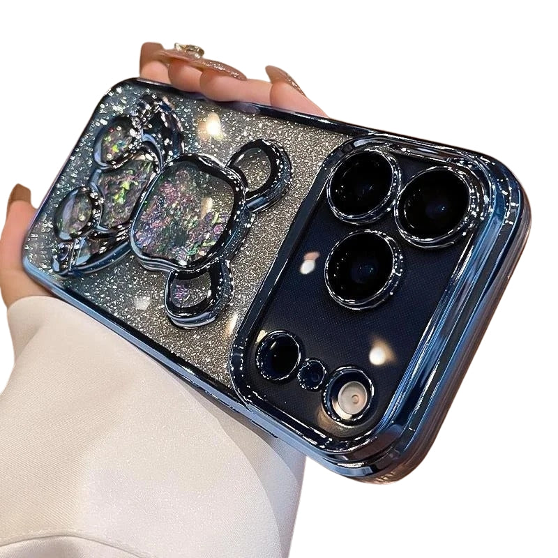 Luxury iPhone Case — Cute Glitter Quicksand Bear Cover with Plating Camera Protector, Shockproof Water-Resistant Acrylic Design & Dustproof Cartoon Style