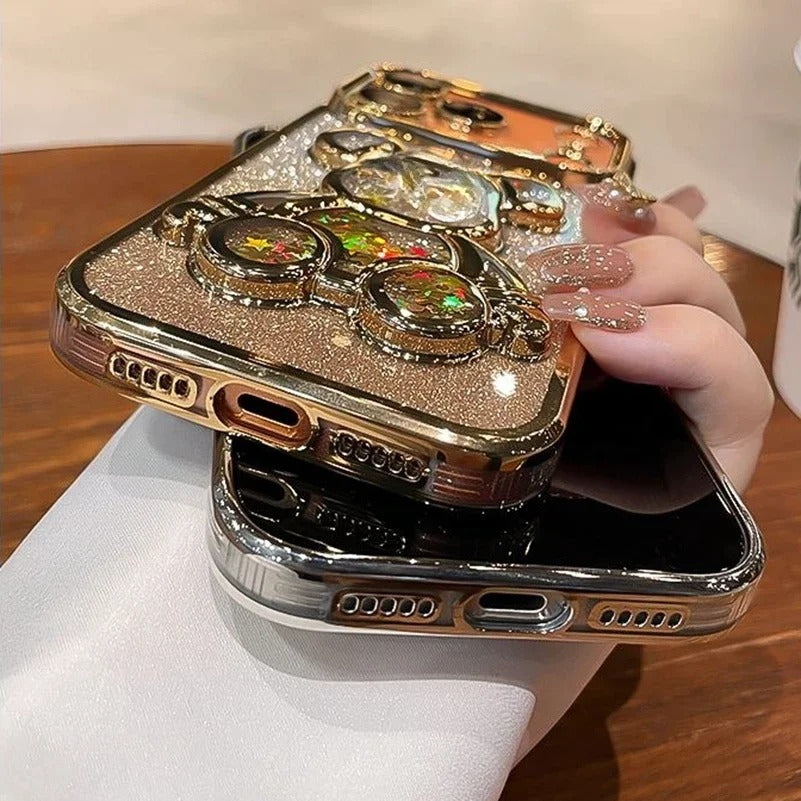 Luxury iPhone Case — Cute Glitter Quicksand Bear Cover with Plating Camera Protector, Shockproof Water-Resistant Acrylic Design & Dustproof Cartoon Style