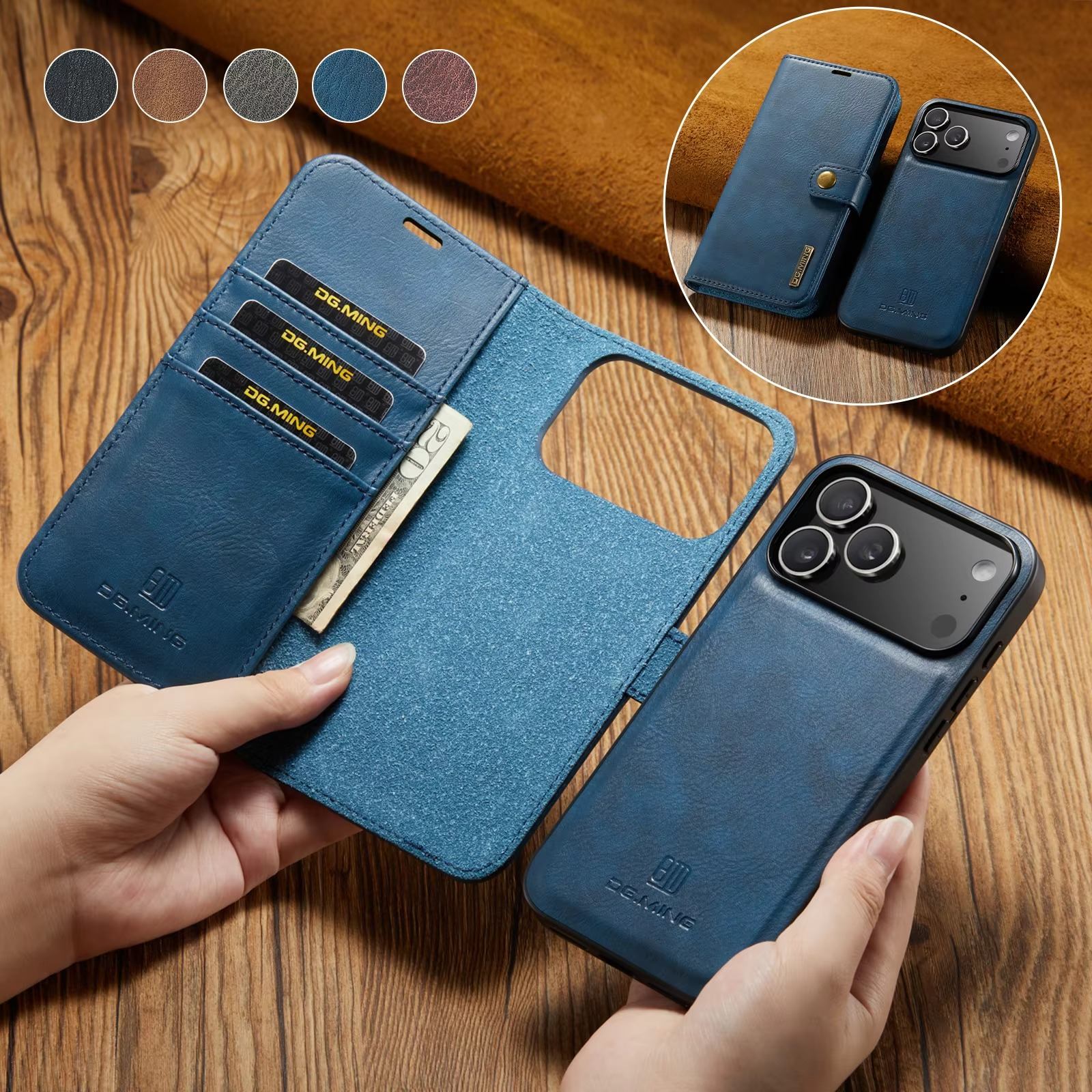 Luxury iPhone Case — Detachable Magnetic Leather Wallet Cover with Card Holder, Flip Design and Protective Full-Body Finish