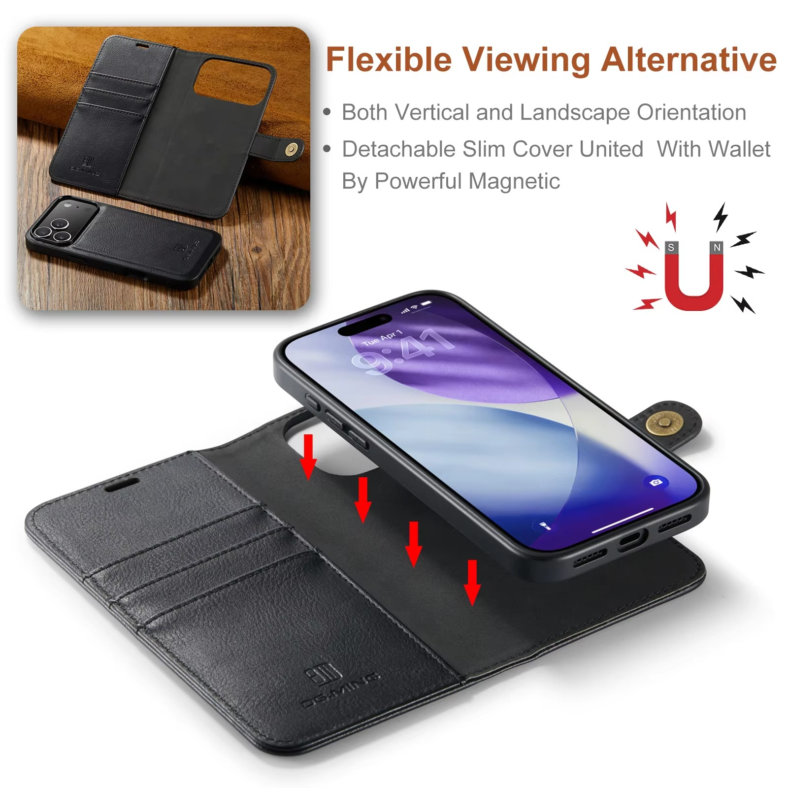 Luxury iPhone Case — Detachable Magnetic Leather Wallet Cover with Card Holder, Flip Design and Protective Full-Body Finish