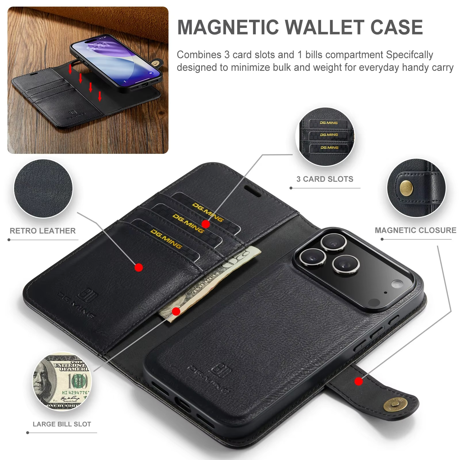 Luxury iPhone Case — Detachable Magnetic Leather Wallet Cover with Card Holder, Flip Design and Protective Full-Body Finish