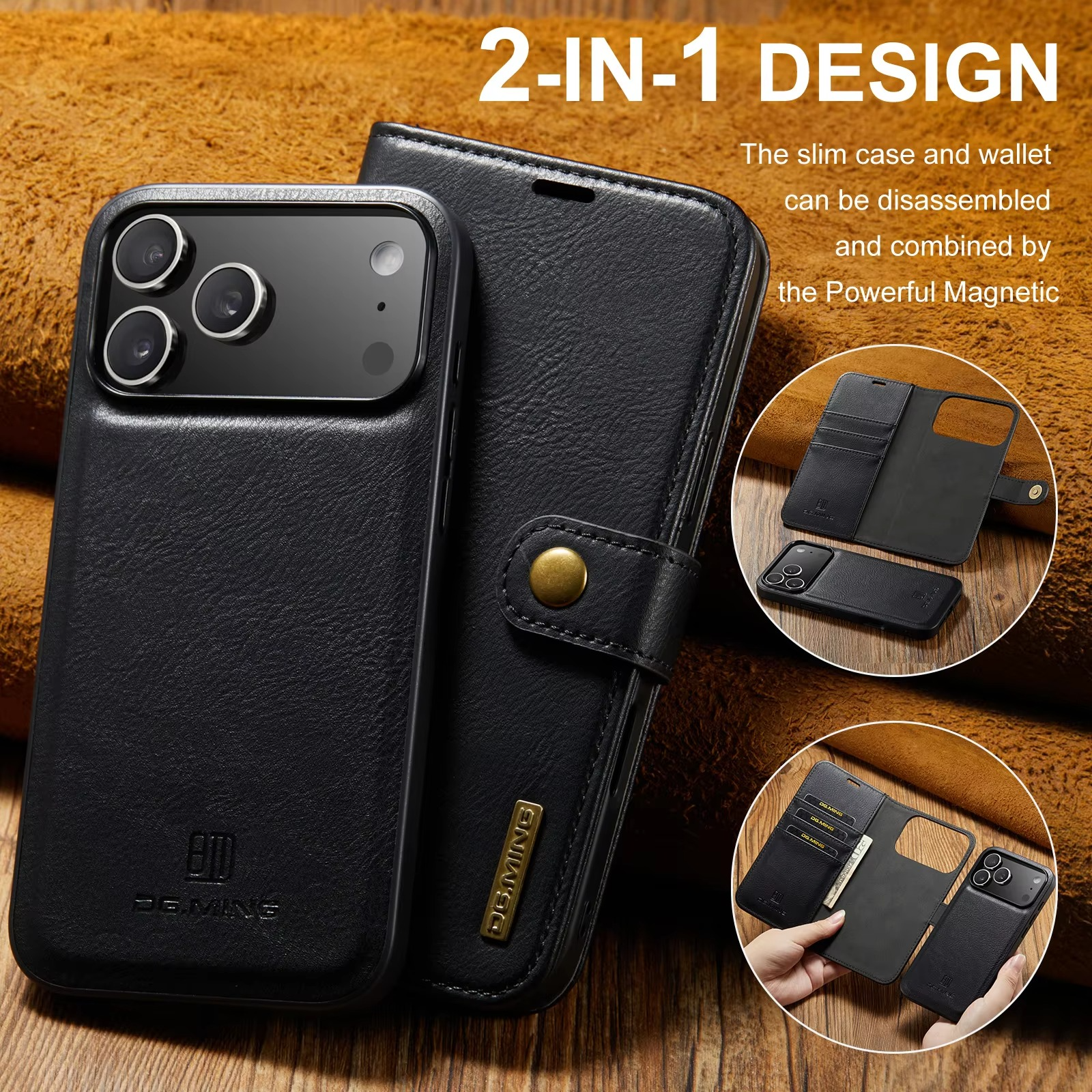 Luxury iPhone Case — Detachable Magnetic Leather Wallet Cover with Card Holder, Flip Design and Protective Full-Body Finish