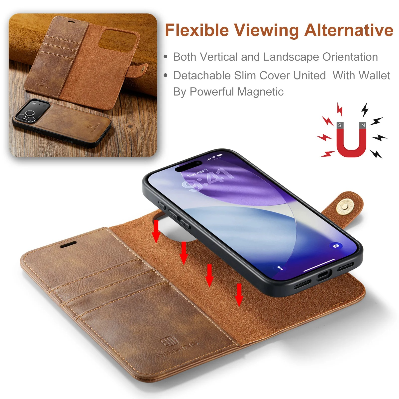 Luxury iPhone Case — Detachable Magnetic Leather Wallet Cover with Card Holder, Flip Design and Protective Full-Body Finish
