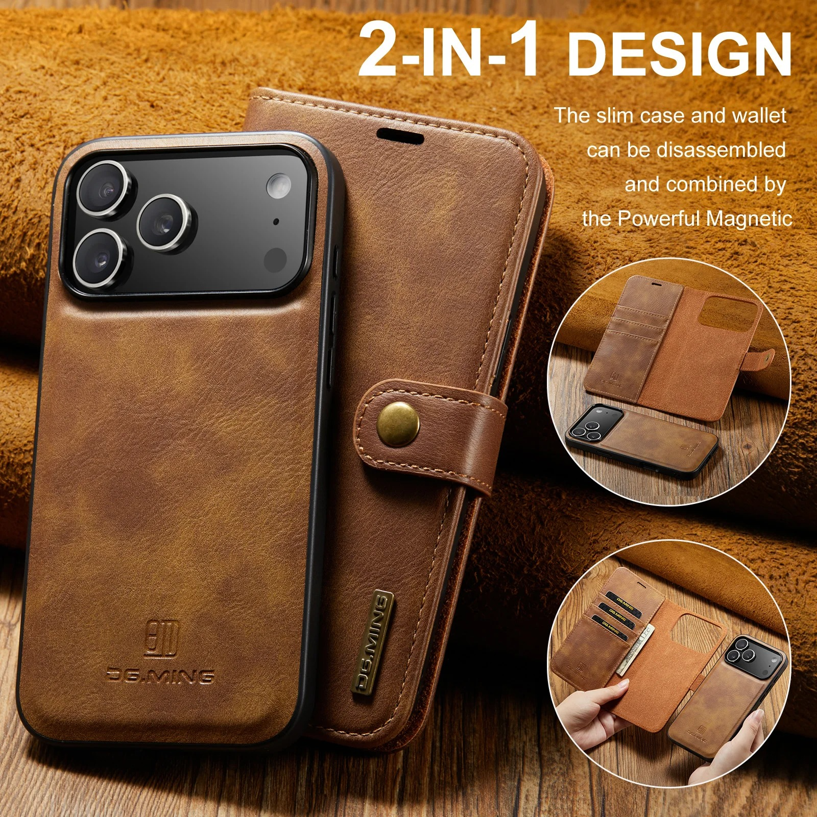Luxury iPhone Case — Detachable Magnetic Leather Wallet Cover with Card Holder, Flip Design and Protective Full-Body Finish