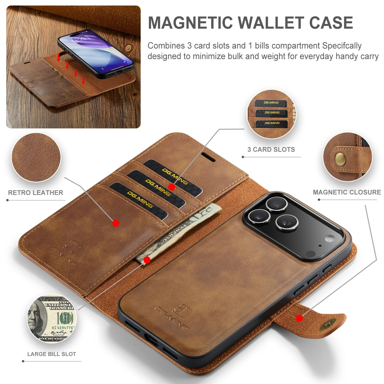 Luxury iPhone Case — Detachable Magnetic Leather Wallet Cover with Card Holder, Flip Design and Protective Full-Body Finish
