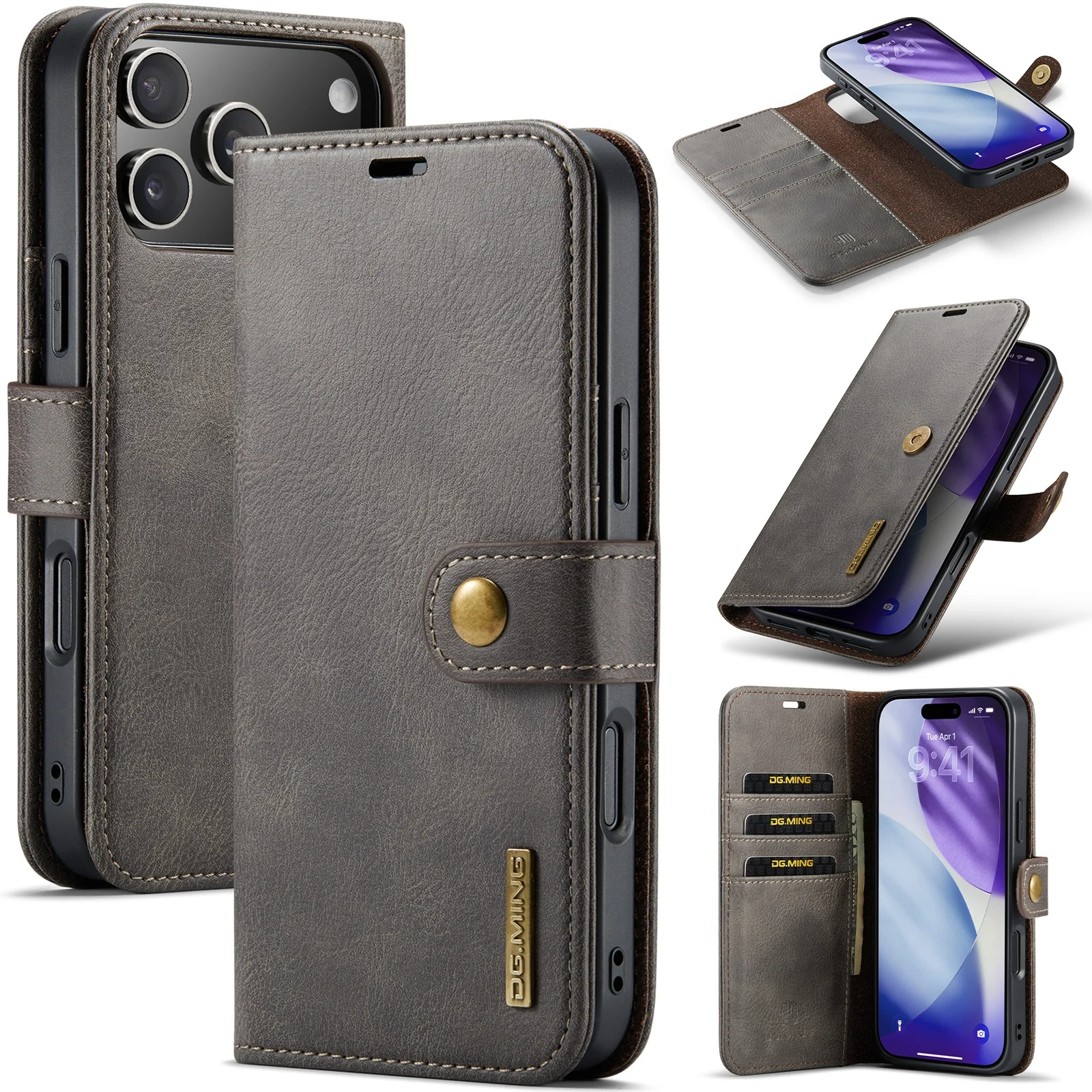 Luxury iPhone Case — Detachable Magnetic Leather Wallet Cover with Card Holder, Flip Design and Protective Full-Body Finish