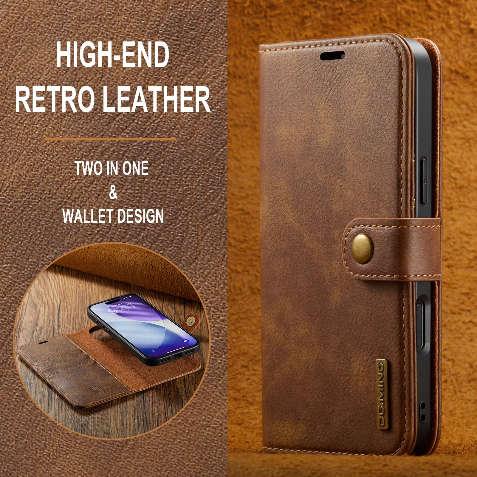 Luxury iPhone Case — Detachable Magnetic Leather Wallet Cover with Card Holder, Flip Design and Protective Full-Body Finish