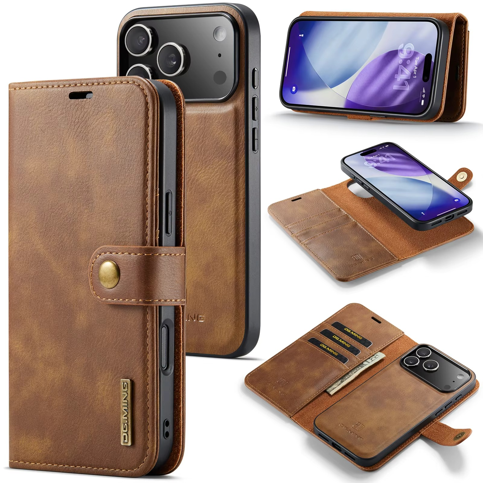 Luxury iPhone Case — Detachable Magnetic Leather Wallet Cover with Card Holder, Flip Design and Protective Full-Body Finish