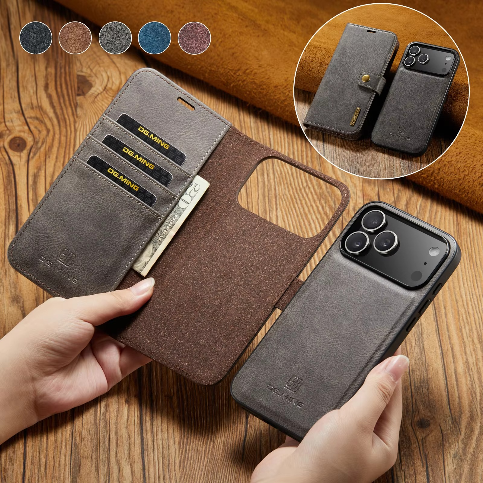 Luxury iPhone Case — Detachable Magnetic Leather Wallet Cover with Card Holder, Flip Design and Protective Full-Body Finish