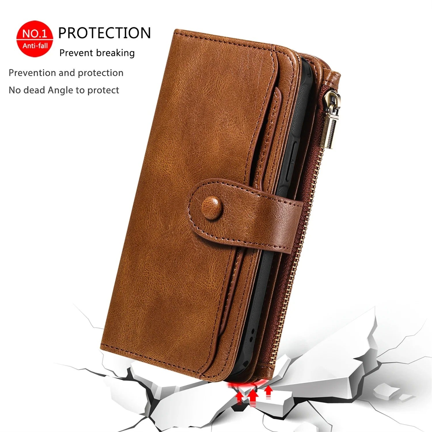 Luxury iPhone Case — Detachable Retro PU Leather Zipper Wallet Cover with Card Slots, Shockproof Anti-Fingerprint Protection & Dustproof Non-Slip Design