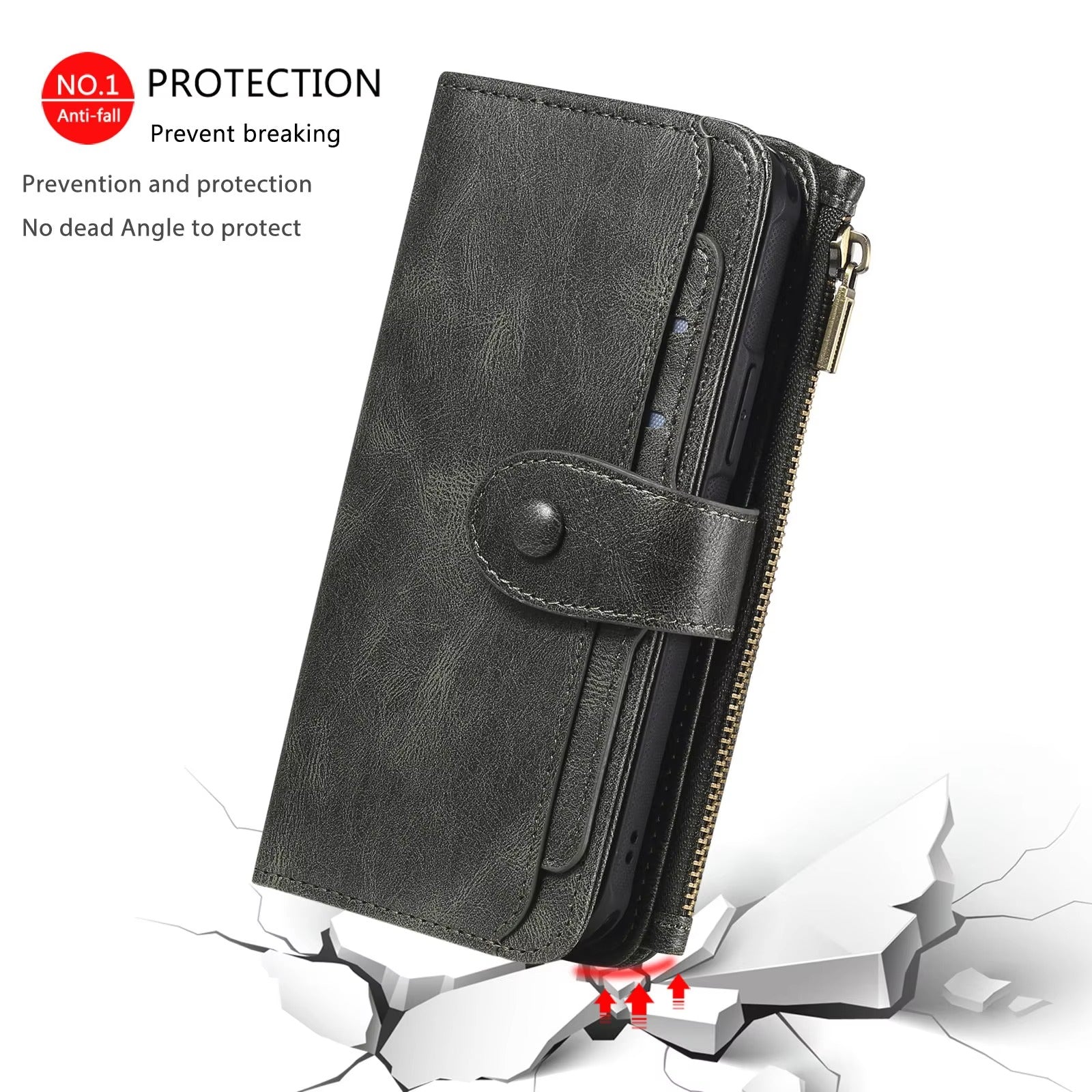 Luxury iPhone Case — Detachable Retro PU Leather Zipper Wallet Cover with Card Slots, Shockproof Anti-Fingerprint Protection & Dustproof Non-Slip Design