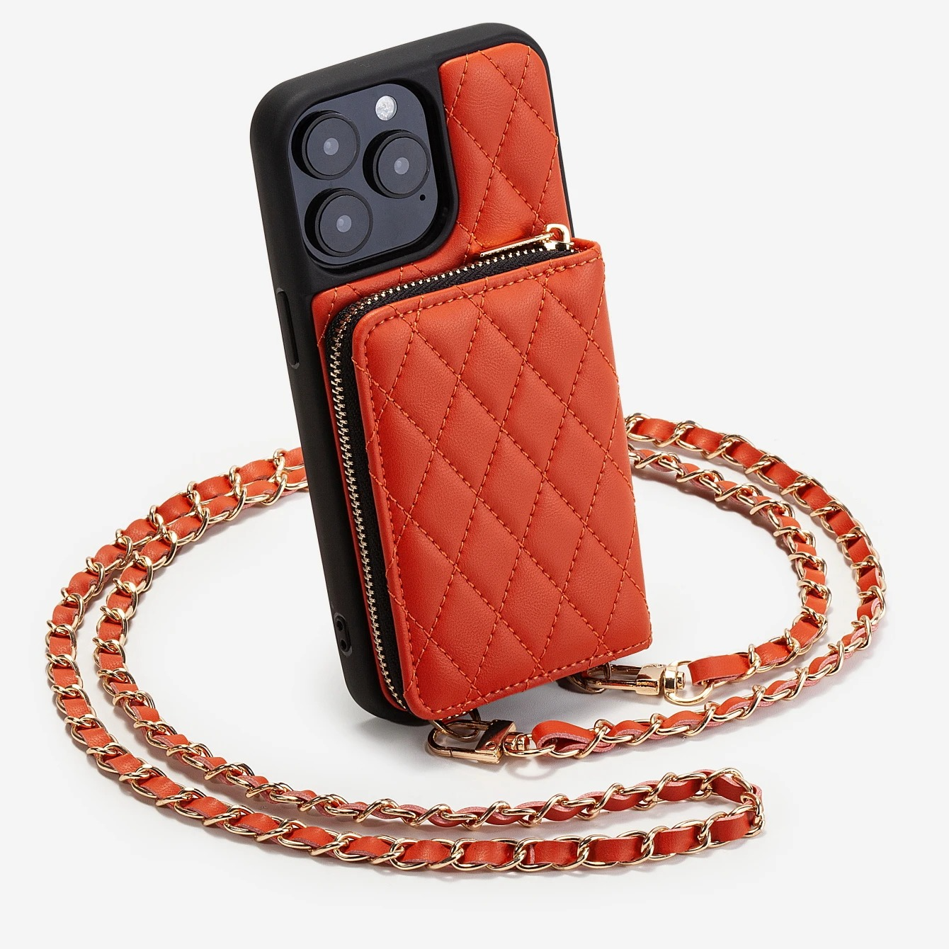 Luxury iPhone Case — Diamond-Stitch Crossbody Card Bag with Chain Strap, Shockproof Leather Design and Non-Slip Portable Protection