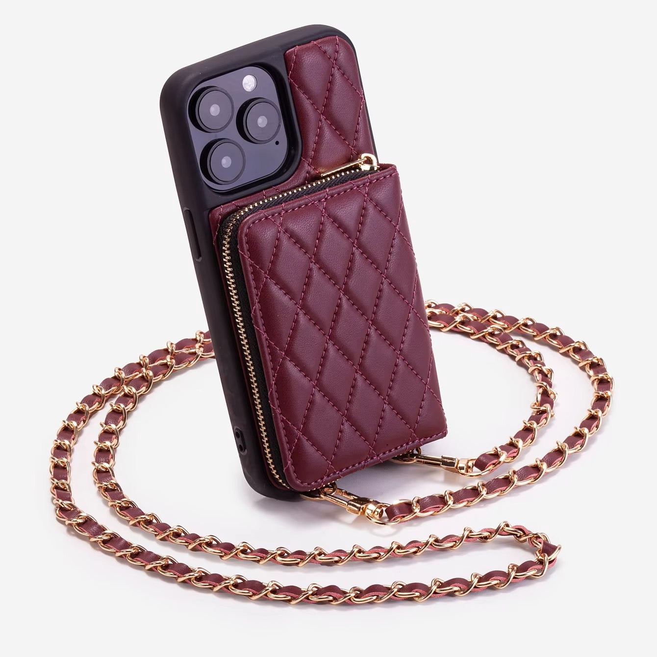 Luxury iPhone Case — Diamond-Stitch Crossbody Card Bag with Chain Strap, Shockproof Leather Design and Non-Slip Portable Protection