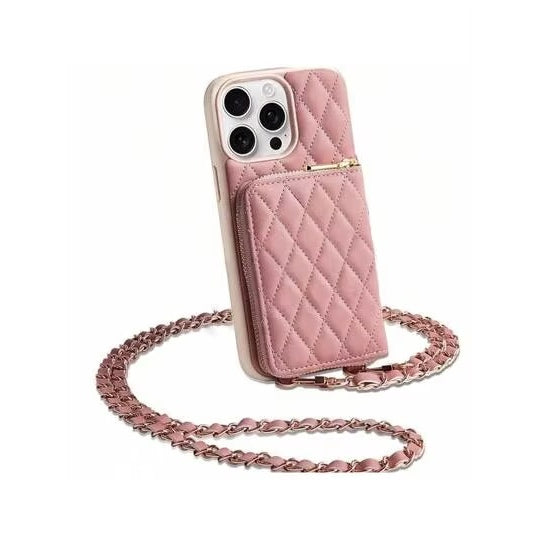 Luxury iPhone Case — Diamond-Stitch Crossbody Card Bag with Chain Strap, Shockproof Leather Design and Non-Slip Portable Protection
