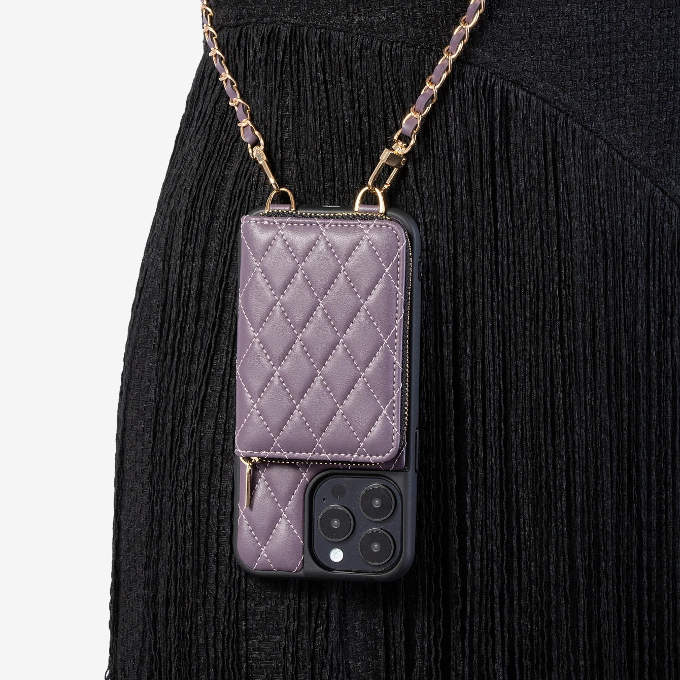 Luxury iPhone Case — Diamond-Stitch Crossbody Card Bag with Chain Strap, Shockproof Leather Design and Non-Slip Portable Protection