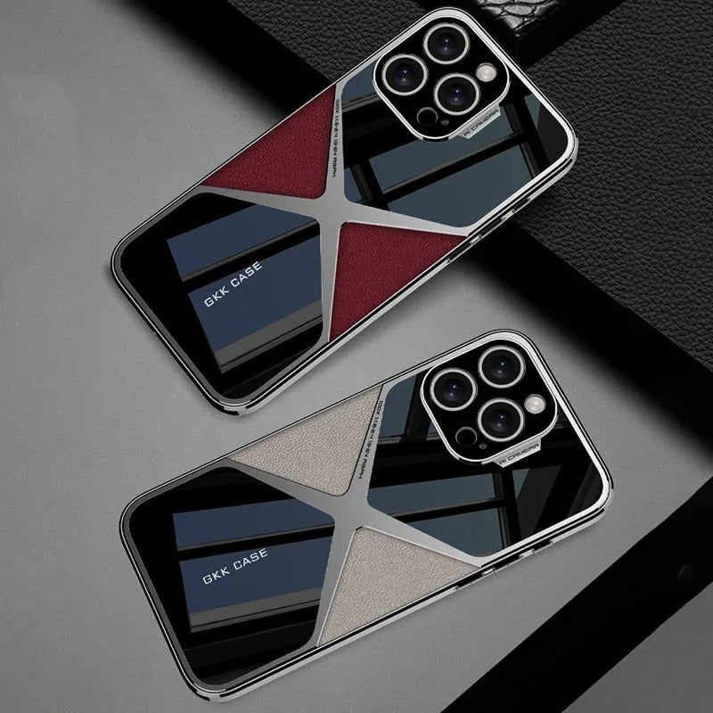 Luxury iPhone Case — Electroplated Frame Leather Cover with Splicing Back Panel, Anti-Fall Anti-Scratch Design & Non-Slip Water-Resistant Finish