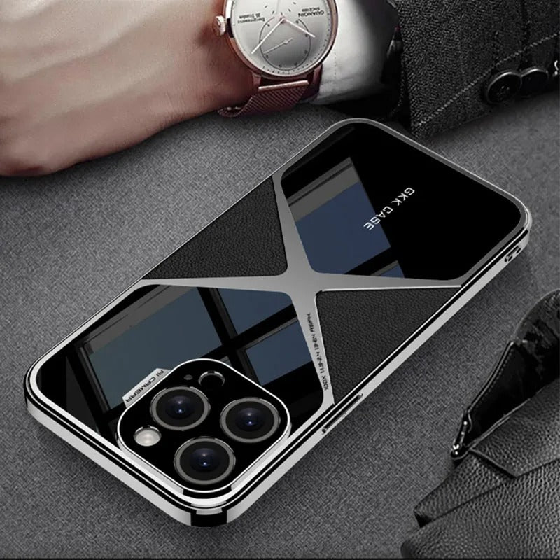 Luxury iPhone Case — Electroplated Frame Leather Cover with Splicing Back Panel, Anti-Fall Anti-Scratch Design & Non-Slip Water-Resistant Finish