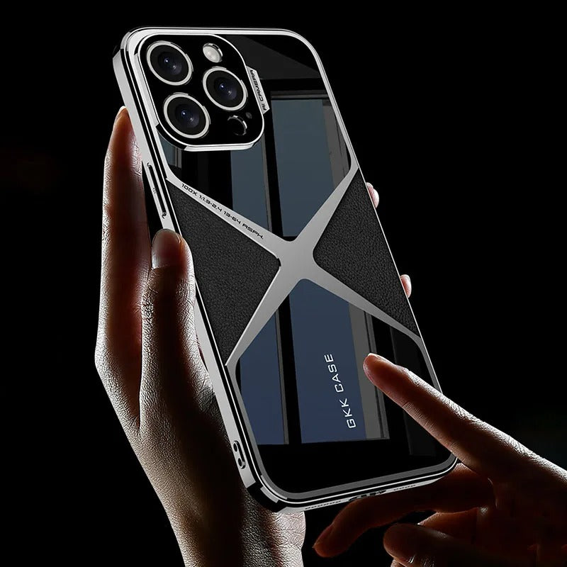 Luxury iPhone Case — Electroplated Frame Leather Cover with Splicing Back Panel, Anti-Fall Anti-Scratch Design & Non-Slip Water-Resistant Finish