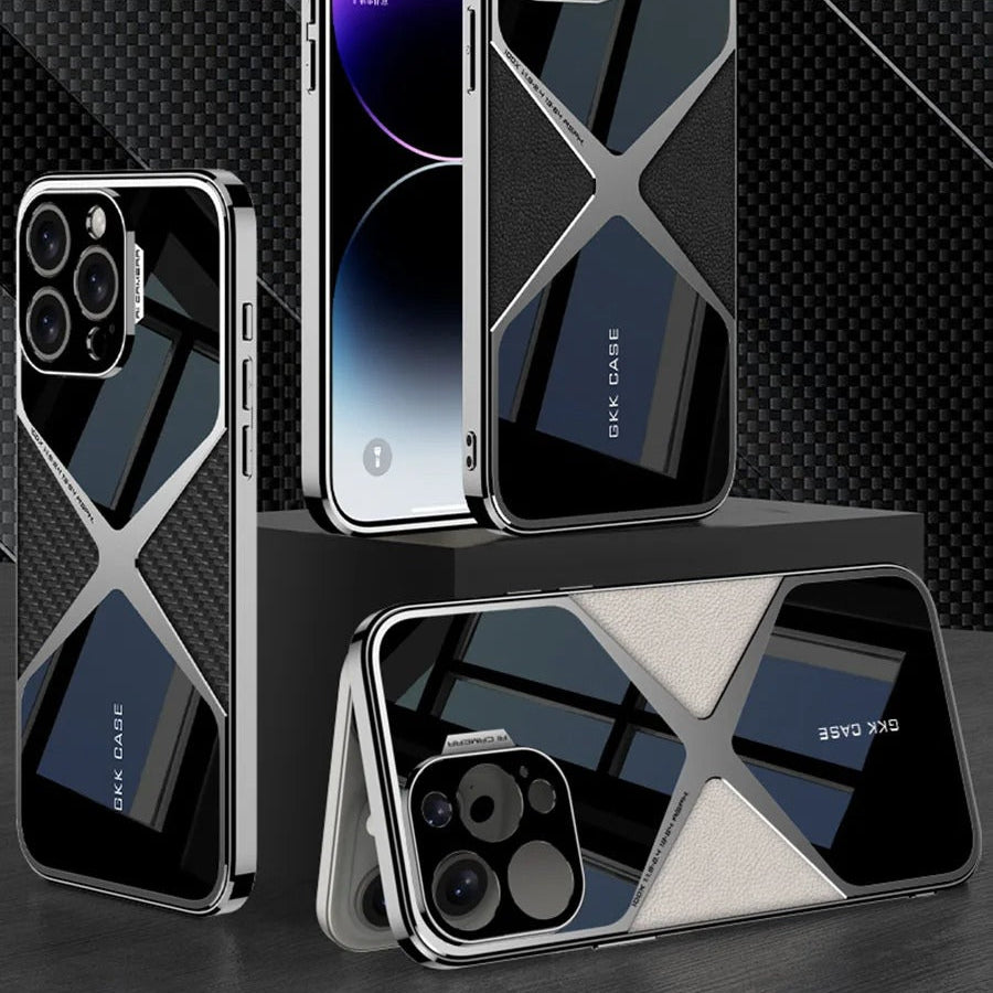 Luxury iPhone Case — Electroplated Frame Leather Cover with Splicing Back Panel, Anti-Fall Anti-Scratch Design & Non-Slip Water-Resistant Finish