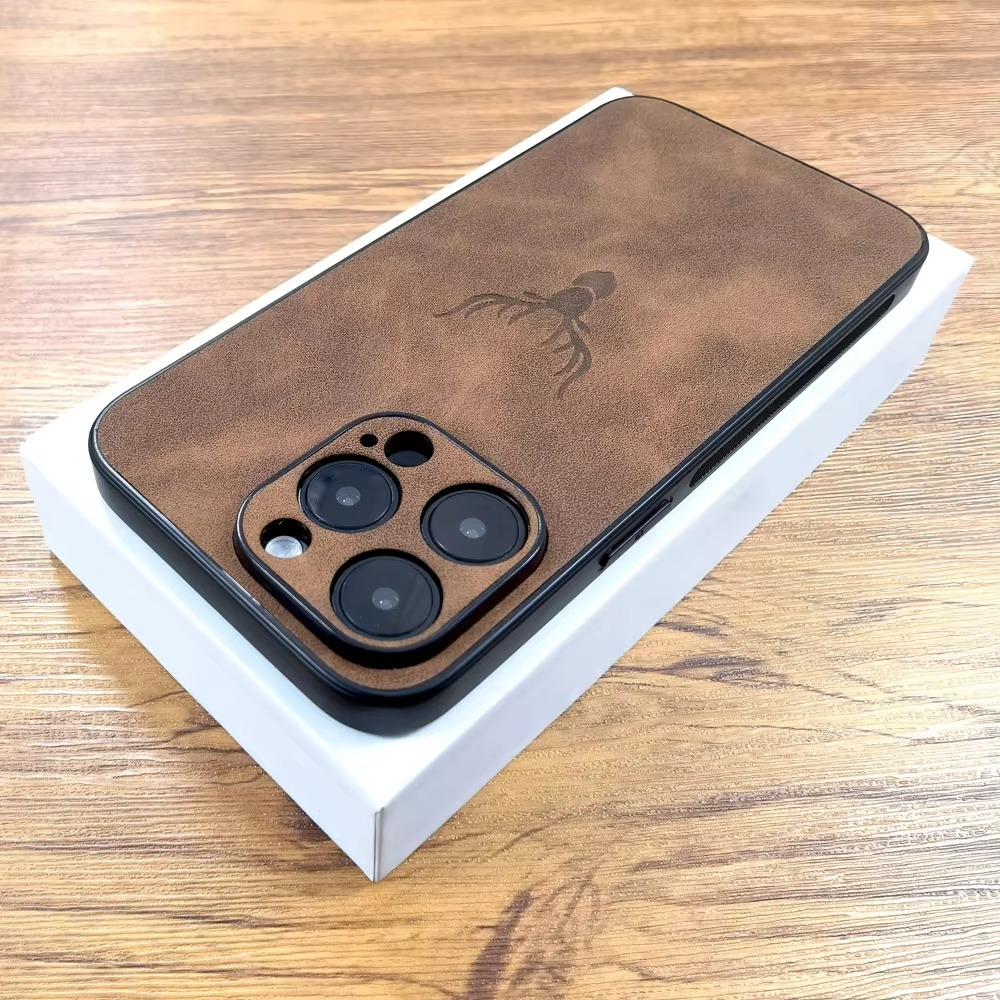Luxury iPhone Case — Embossed Deer PU Leather Full-Coverage Shell with Anti-Fingerprint Anti-Scratch Protection & All-Round Camera Guard Design