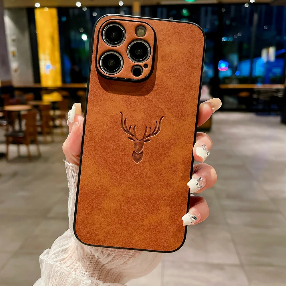 Luxury iPhone Case — Embossed Deer PU Leather Full-Coverage Shell with Anti-Fingerprint Anti-Scratch Protection & All-Round Camera Guard Design