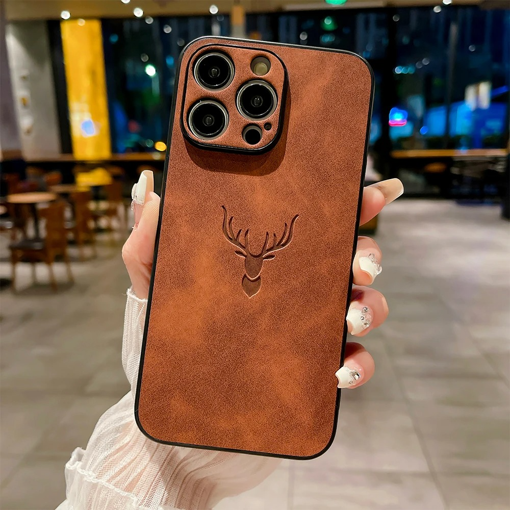 Luxury iPhone Case — Embossed Deer PU Leather Full-Coverage Shell with Anti-Fingerprint Anti-Scratch Protection & All-Round Camera Guard Design