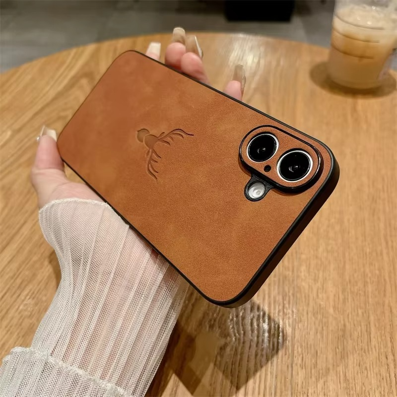 Luxury iPhone Case — Embossed Deer PU Leather Full-Coverage Shell with Anti-Fingerprint Anti-Scratch Protection & All-Round Camera Guard Design